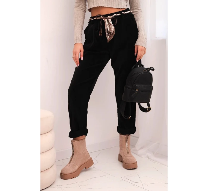 Dámské kalhoty z viskózy s šátkovým páskem černé