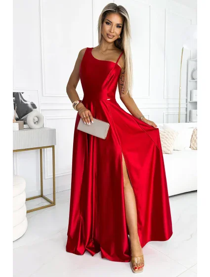 Elegantní dlouhé červené dámské saténové šaty přes jedno rameno model 19422253 - numoco