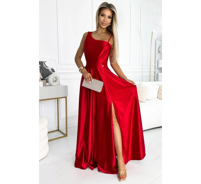 Elegantní dlouhé červené dámské saténové šaty přes jedno rameno model 19422253 - numoco