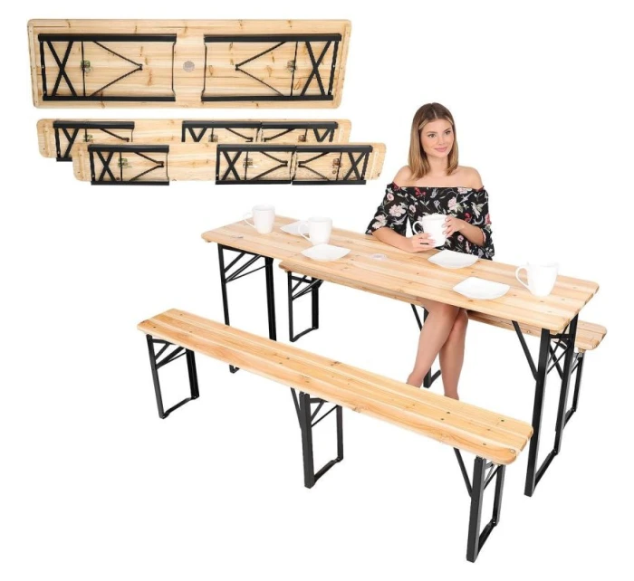 PIKNIKOVÝ BAROVÝ SET DŘEVĚNÝ STŮL A 2 LAVICE