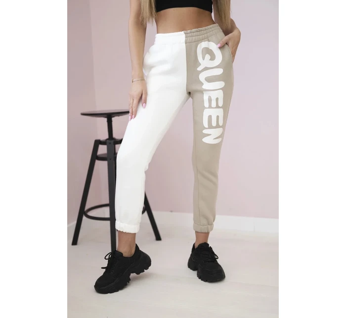 Dámské tepláky s nápisem QUEEN béžový