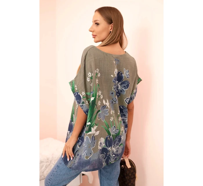 Dámská bavlněná blůza s květinovým potiskem a krátkým rukávem khaki