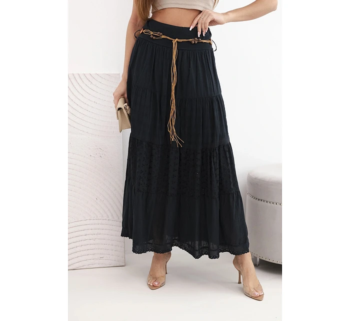 Dámská maxi bavlněná sukně s prolamovanou výšivkou a pružným pásem černá