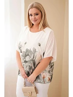 Dámská halenka Plus Size s květinovým potiskem a volným rukávem khaki