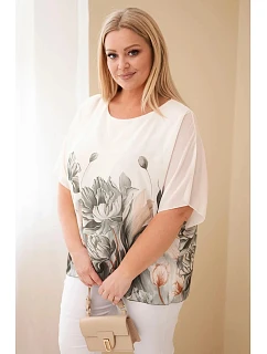 Dámská halenka Plus Size s květinovým potiskem a volným rukávem khaki