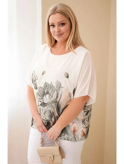 Dámská halenka Plus Size s květinovým potiskem a volným rukávem khaki