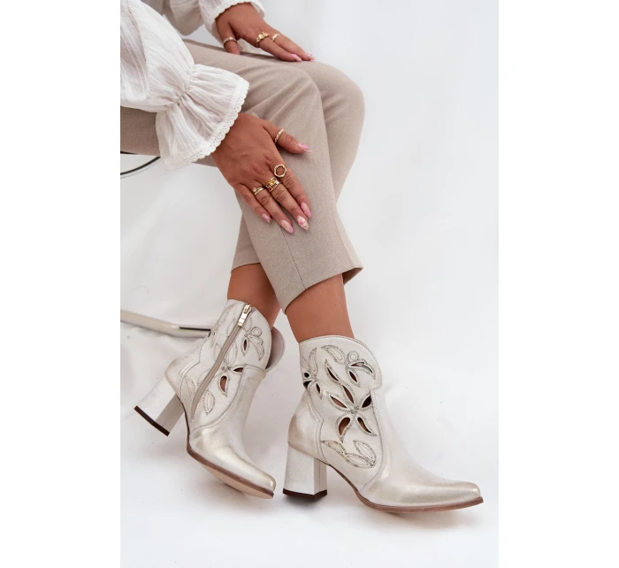 Kožené Prolamované Dámské Kotníkové Boty Na Podpatku  Zlatý model 21713208 - Zazoo