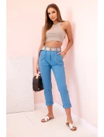 Dámské viskózové kalhoty s páskem a ohrnutými nohavicemi džínovina