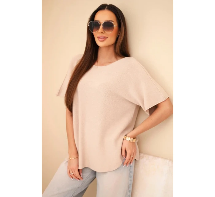 Dámský svetr s krátkým rukávem volného střihu béžový