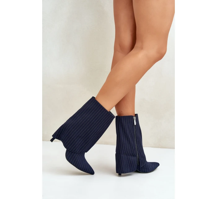 Dámské boty s pruhy na jehlách s ohrnutým svrškem a  tmavě modré model 21670406 - Boto
