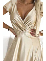 411-7 CRYSTAL saténové dlouhé šaty s výstřihem - ZLATÉ 411-7 CRYSTAL saténové dlouhé šaty s výstřihem - ZLATÉ