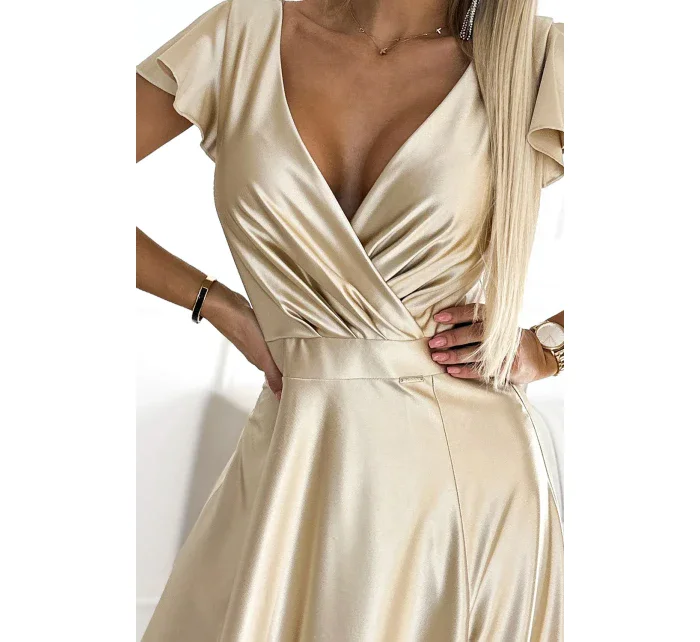 411-7 CRYSTAL saténové dlouhé šaty s výstřihem - ZLATÉ 411-7 CRYSTAL saténové dlouhé šaty s výstřihem - ZLATÉ