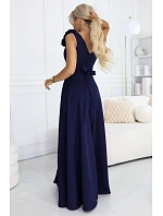 model 22043331 Elegantní večerní maxi šaty s rozparkem a růžemi tmavě modré - numoco