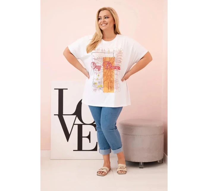 Dámská bavlněná halenka Plus Size s potiskem  bílá + oranžová model 21175961 - K-Fashion