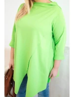Dámská bavlněná blůza Plus Size asymetrická s ohrnutým rukávem světle zelená