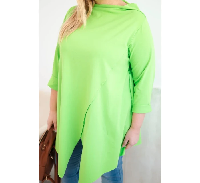Dámská bavlněná blůza Plus Size asymetrická s ohrnutým rukávem světle zelená