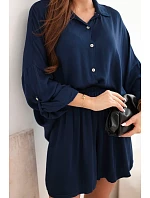 Dámský viskózový komplet košile s knoflíky a volné šortky námořnická modrá