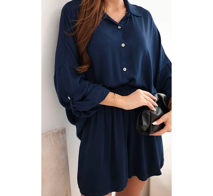 Dámský viskózový komplet košile s knoflíky a volné šortky námořnická modrá