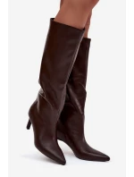 Dámské kozačky nazouvací na jehlovém podpatku s prošitím čokoládové Olyvia