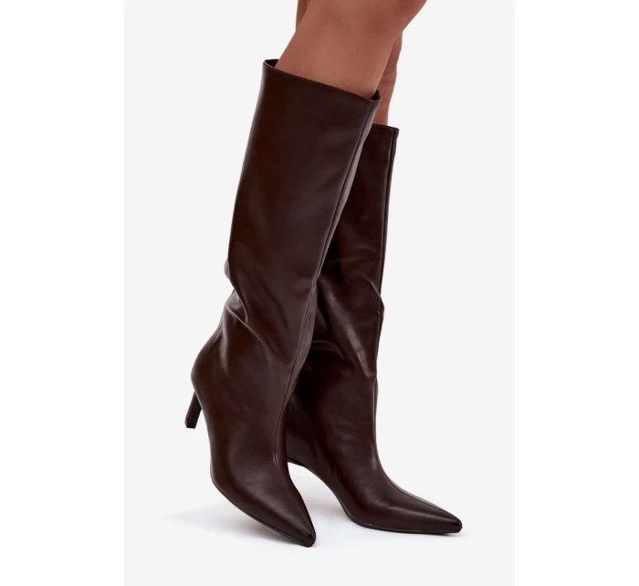 Dámské kozačky nazouvací na jehlovém podpatku s prošitím čokoládové Olyvia