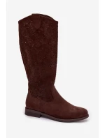 Dámské síťované kozačky na nízkém podpatku model 21998041 Čokoládové - S.Barski