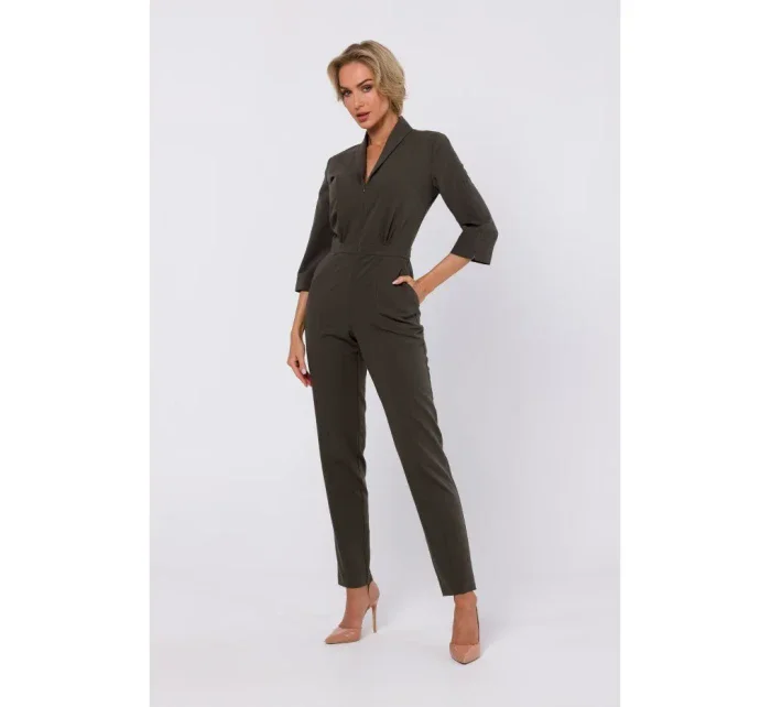 model 18863388 Kombinéza se šálovým límcem khaki barva - Moe model 18863388 Kombinéza se šálovým límcem khaki barva - Moe