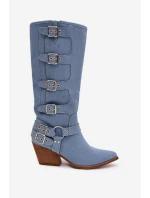 Dámské džínové kozačky kovbojského stylu na podpatku s přezkami Fivelle – jeansové