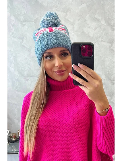 Dámská čepice s bambulí Elizabeth model 18752283 denim - K-Fashion