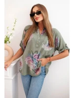 Dámská bavlněná halenka s květinovým vzorem khaki Dámská bavlněná halenka s květinovým vzorem khaki