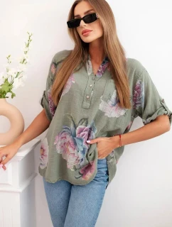 Dámská bavlněná halenka s květinovým vzorem khaki