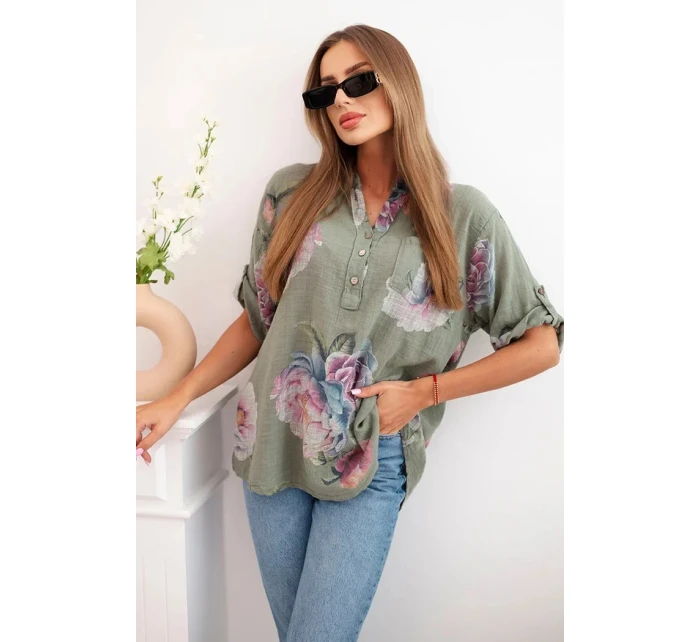 Dámská bavlněná halenka s květinovým vzorem khaki Dámská bavlněná halenka s květinovým vzorem khaki