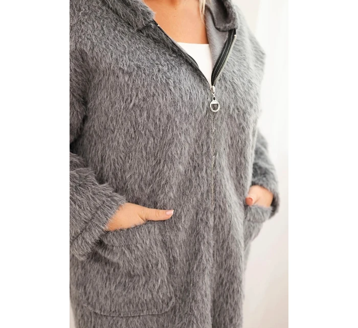 Dámský kabát Plus Size z viskózy na zip s kapucí šedý