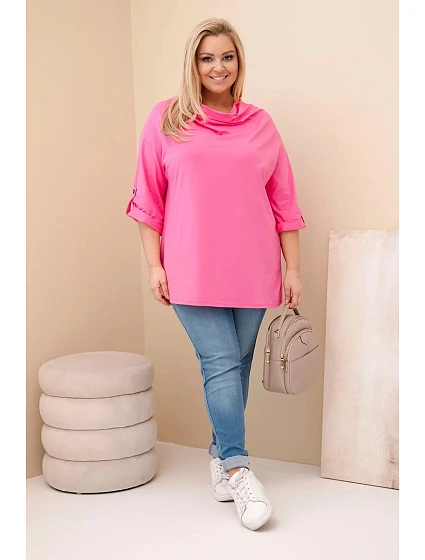 Dámská blůza Plus Size s bavlnou volného střihu s vodním výstřihem světle růžová