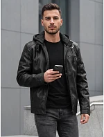 Pánská kožená zateplená bunda s kapucí, černá, FashionStreet TX5149 Pánská kožená zateplená bunda s kapucí, černá, FashionStreet TX5149