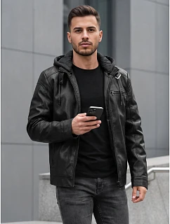 Pánská kožená zateplená bunda s kapucí, černá, FashionStreet TX5149