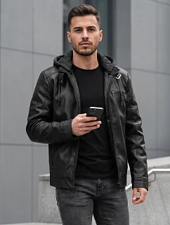 Pánská kožená zateplená bunda s kapucí, černá, FashionStreet TX5149