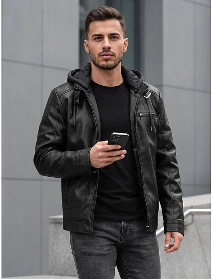 Pánská kožená zateplená bunda s kapucí, černá, FashionStreet TX5149 Pánská kožená zateplená bunda s kapucí, černá, FashionStreet TX5149