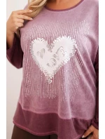 Dámská mikina Plus Size bavlněná s potiskem srdce a šňůrkami tmavě růžová