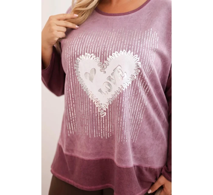 Dámská mikina Plus Size bavlněná s potiskem srdce a šňůrkami tmavě růžová
