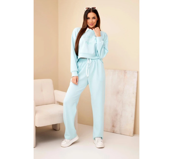 Dámská souprava máslová mikina s límečkem a rovné kalhoty mátová