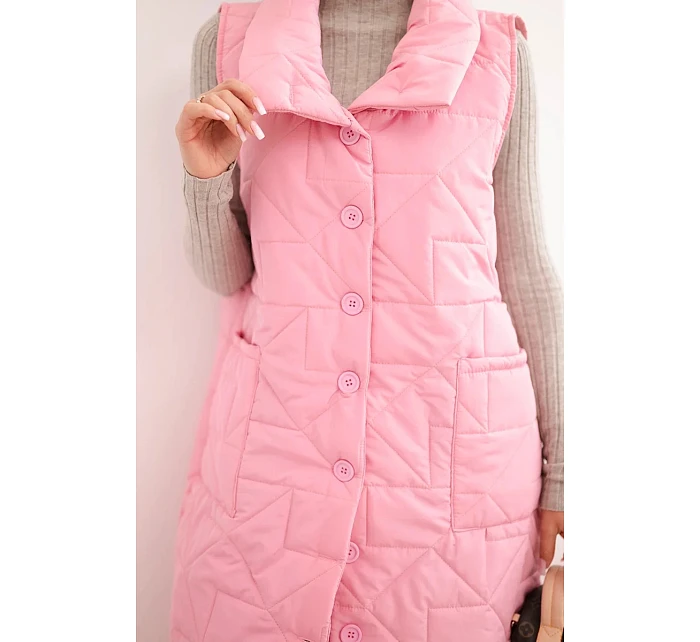 Dámská dlouhá prošívaná vesta s kapsami a stojáčkem světle růžová