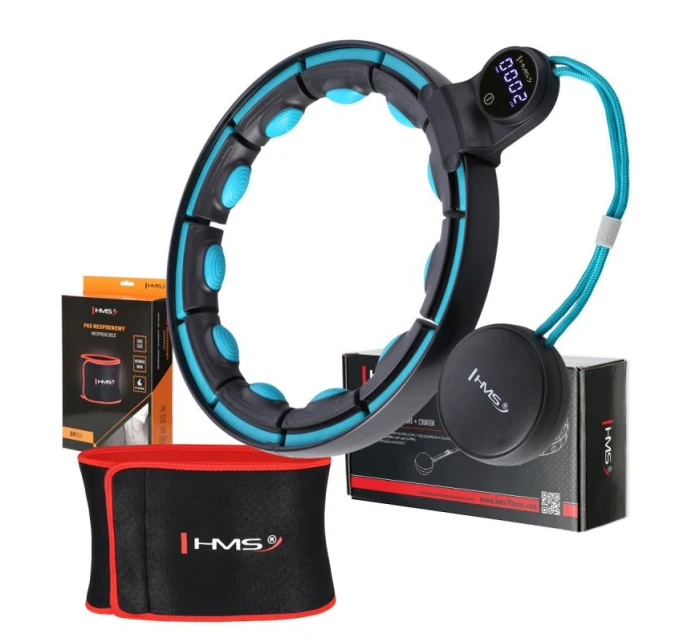 MAGNETICKÝ HULA HOP SET ČERNÝ/TYRKYSOVÝ HHM17 S POČÍTADLEM HMS + ZEŠTÍHLUJÍCÍ PÁS BR163 ČERVENÝ