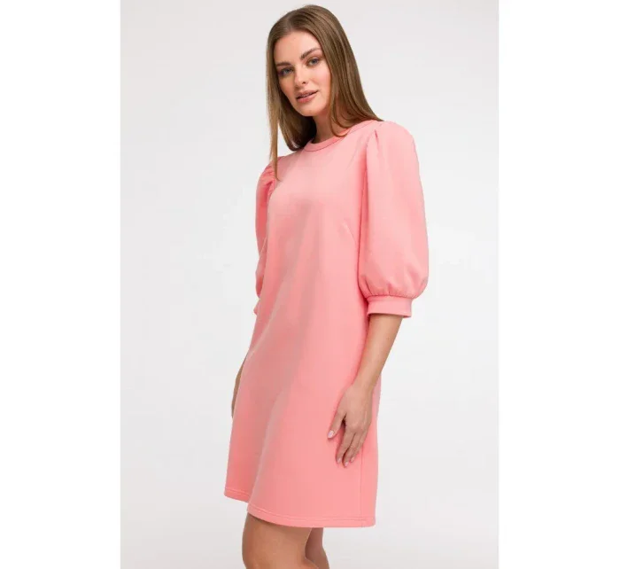 B291 Šaty áčkového střihu s pouzdrovými rukávy - korálová barva