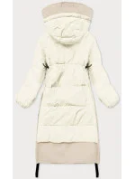 Dlouhá zimní bunda v barvě ecru z různých spojeným materiálů (jin-210)