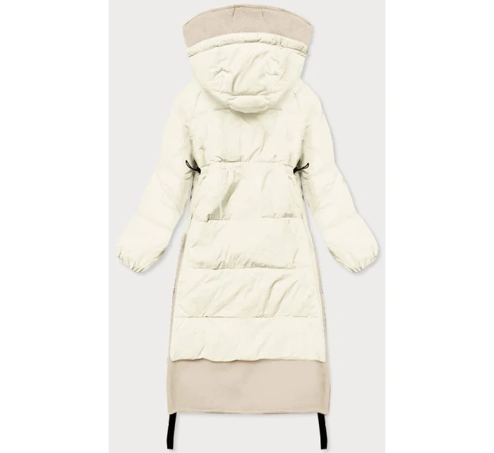 Dlouhá zimní bunda v barvě ecru z různých spojeným materiálů (jin-210)