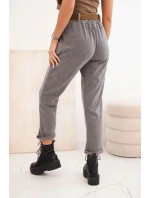 Dámské kalhoty s páskem v pruhy tmavě šedé