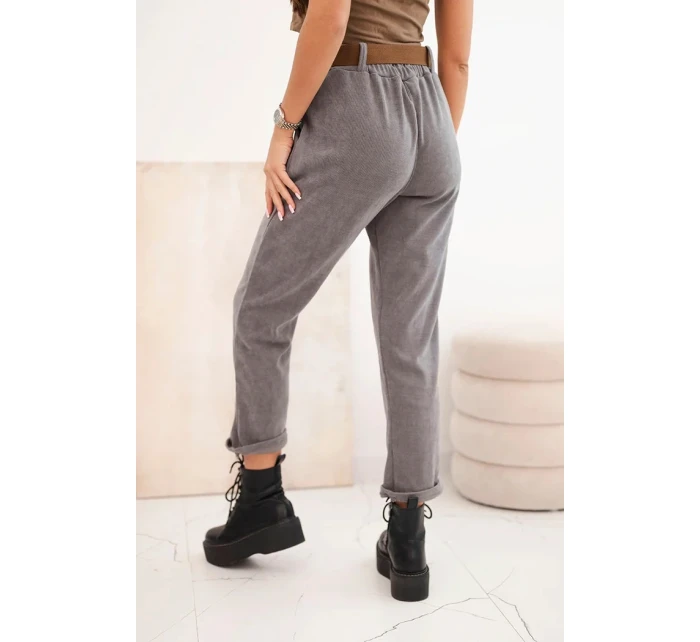 Dámské kalhoty s páskem v pruhy tmavě šedé