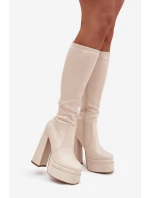 Zateplené dámské kozačky na podpatku a platformě světle béžové model 21704844 - Boto