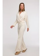 B296 Široké kalhoty s předními švy - vanilka