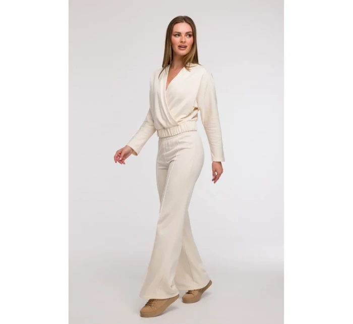 B296 Široké kalhoty s předními švy - vanilka